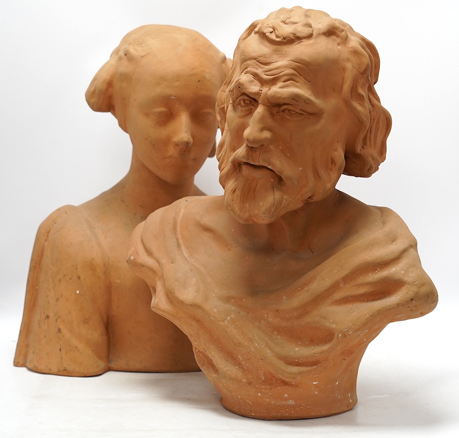Two terracotta busts of an elderly gentleman and a woman, the former signed Ugo Corsi, 46cm high. Condition - good
